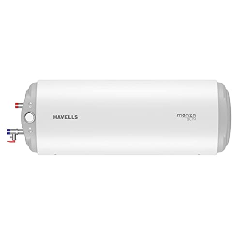 Havells Monza Slim (Left) 10 Litre Storage Water Heater (Geyser) | Adjustable Knob, Metal Body, Glass Coated Tank | Warranty: 7 Year on Tank, Free Flexi Pipes, Free Installation | (White)