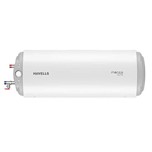 Havells Monza Slim 10 Litre Storage Water Heater | Adjustable Knob, Metal Body, Glass Coated Tank | Warranty: 7 Year On Tank, Free Flexi Pipes, Free Installation | (White), Wall