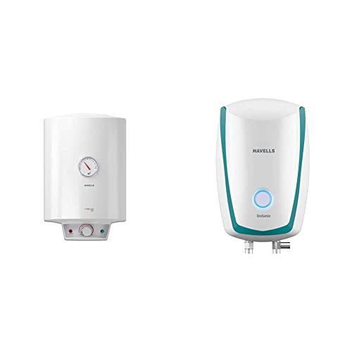 Havells Monza EC 5S 10-Litre Storage Water Heater with Flexi Pipe (White) and Instanio 3-Litre Instant Geyser (White/Blue)