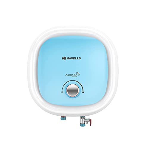 Havells Adonia Spin 15 Litre Storage Water Heater | Color Changing LED Indicator, Glass Coated Tank | Warranty: 7 Year on Tank, Free Flexi Pipes, Free Installation, Free Shock Safe Plug | (White Blue)