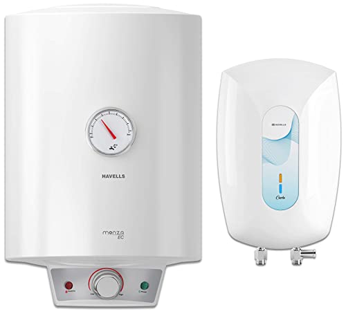 Havells Monza EC 10-Litre Vertical Storage Water Heater (Geyser) with Flexi Pipe, White 5 Star & Carlo 3 Litre Instant Water Heater (White Blue)
