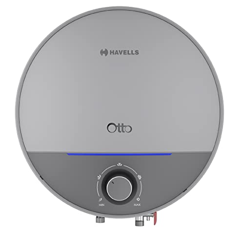 Havells Otto 15 Litre Storage Wall Mount Water Heater | Tempreature Knob, Glass Coated Tank | Warranty: 7 Year On Tank, Free Flexi Pipes, Free Installation, Free Shock Safe Plug | (Silver Grey)