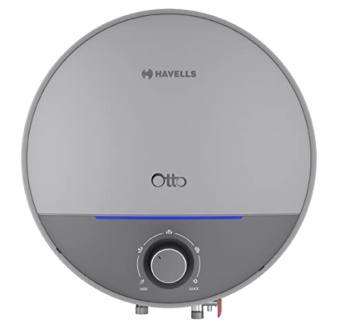 Havells Otto 10 Litre Storage Water Heater | Tempreature Knob, Glass Coated Tank | Warranty: 7 Year on Tank, Free Flexi Pipes, Free Installation, Free Shock Safe Plug | (Silver Grey)