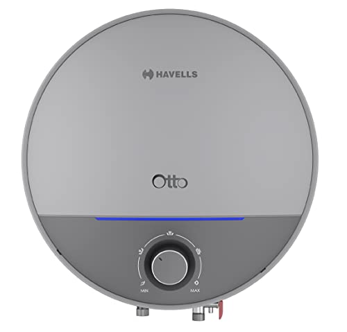 Havells Otto 10 Litre Storage Wall Mount Water Heater | Tempreature Knob, Glass Coated Tank | Warranty: 7 Year On Tank, Free Flexi Pipes, Free Installation, Free Shock Safe Plug | (Silver Grey)