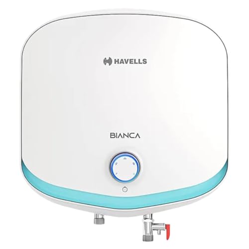 Havells Bianca 10 Litre Storage Water Heater | Tempreature Knob, Glass Coated Tank, 5 Star Rated | Warranty: 7 Year on Tank, (Free Flexi Pipes, Installation & Shock Safe Plug) | (White Blue)