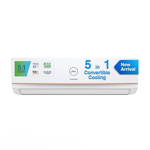 Godrej 1 Ton 3 Star, 5 Years Comprehensive Warranty, 5-In-1 Convertible Cooling, Inverter Split AC (Copper, I-Sense Technology, 2024 Model, AC 1T EI 12TINV3R32-GWA Split, White)