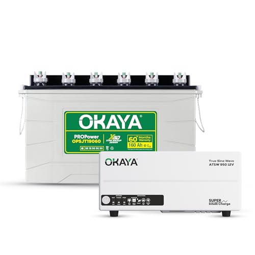 Okaya Inverter with Battery Combo for Home,Office & Shops|ATSW950 12V Pure Sine Wave Inverter 700VA with OPSJT19060 160Ah Inverter Battery |Warranty: 36 Months(Inverter) & 60 Month(Battery)