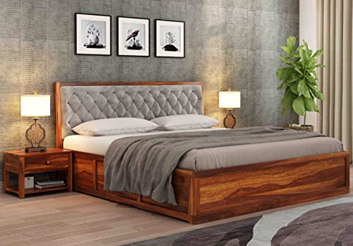 SABTA Craft Sheesham Wood King Size Bed with Storage | Wooden Double Bed Cot Bed with Box Storage & Grey Upholstered Cushioned Headboard for Bedroom | Teak Finish, Mattress Thickness Size Upto 8 Inch
