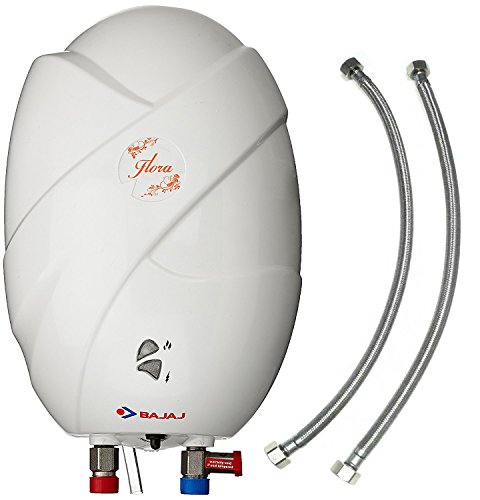 Bajaj Flora 3L 3kW ABS Plastic Instant Water Heater with 24-inch Stainless Steel Connection Pipes (White) wall mounting