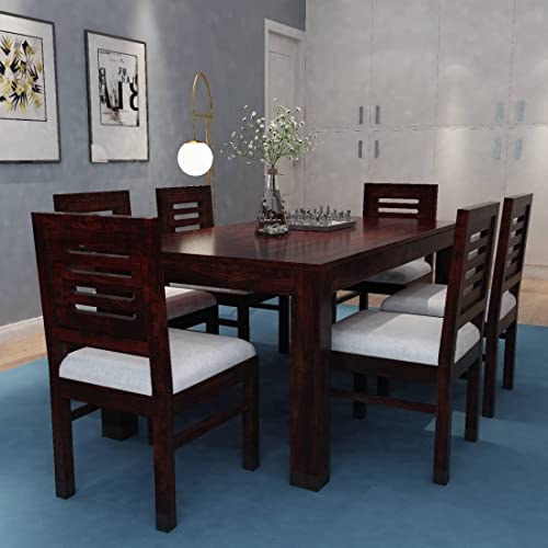 Custom Decor Solid Sheesham Wood Six Seater Dining Table Set with 6 Cushion Chairs for Dining Room Living Room Home | Dining Table 6 Seater | 6 Seater Dining Table Set (6 Seater, Urban-Mahogany)