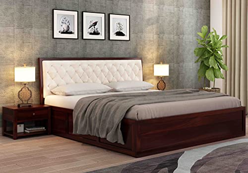 Driftingwood Dolvi Solid Sheesham Wood King Size Bed With Storage | Wooden Double Bed Cot Bed with Box Storage & Upholstered Cushioned Headboard for Bedroom | Rosewood, Walnut Finish, Mattress Thickness Size Upto 8 Inch