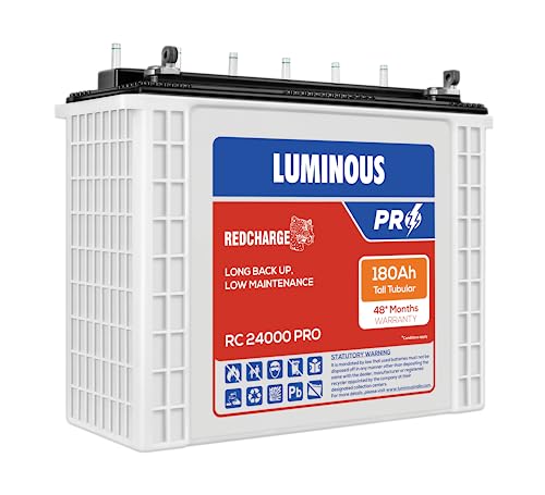 Luminous Red Charge RC 24000 PRO Battery for Home, Office & Shops | 180 Ah/12V Tall Tubular | Easy Installation | Durable and Reliable Inverter Battery | Minimum Maintenance | with 48 Months Warranty