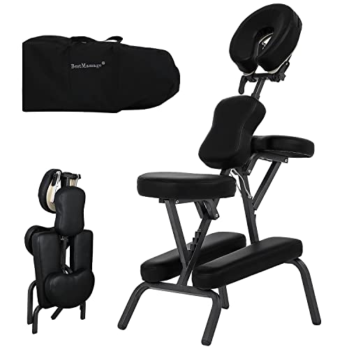 Pazidom Portable Massage Chair Tattoo Chair 4 Inch Thick Sponge Height Adjustable Massage Chair Light Weight Therapy Chair Foldable Spa Chair w/Face Cradle Carrying Bag, Load Capacity 250LBS, Black