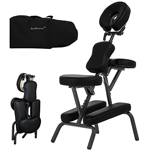 Pazidom Metal Portable Massage Chair Tattoo Chair 4 Inch Thick Sponge Height Adjustable Massage Chair Light Weight Therapy Chair Foldable Spa W/Face Cradle Carrying Bag,Load Capacity 250Lbs,Black