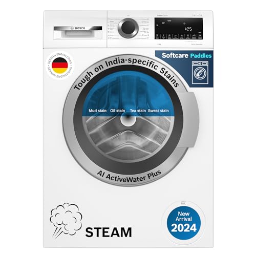 Bosch 9kg 5 Star Anti Stain & AI Active Water Plus Fully Automatic Front Load Washing Machine with Built in Heater (WGA14200IN, Pretreatment & Steam with Anti Bacteria and 5 Star Inverter, White)