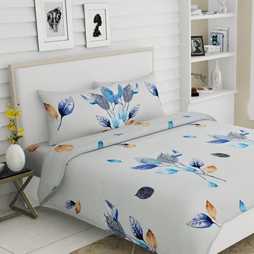 haus & kinder 100% Cotton Bed Sheet for King Size Bed, 1 King Size Bedsheet (108 x 108 Inches) with 2 Pillow Covers | 186 TC Bedsheet for Double Bed King Size Tropical Leaves Eleganza (White Blue)