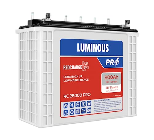 Luminous Red Charge RC 25000 PRO 200 Ah Tall Tubular Inverter Battery with 48 Months Warranty for Home, Office and Shops