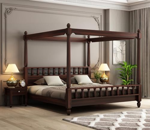 Furniseworlds Sheesham Wood King Size Poster Bed Wooden Double Bed Cot Bed Furniture for Bedroom Home and Hotel (Walnut Finish)