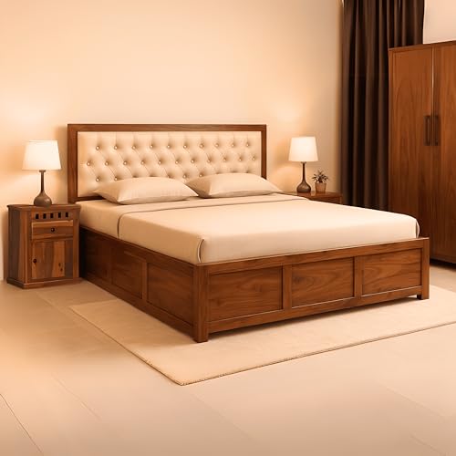 SONA ART & CRAFTS Sheesham Wood King Size Bed with Box Storage | Solid King Size Cot Upholstered Cushioned Double Bed Furniture for Bedroom Home - Natural Finish, K_11 (Assembly Included)