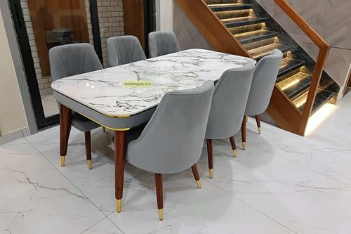 WOODEN SPACE 6-Seater Wooden Dining Table Set | Nano Composite Marble Top | Solid Wood Base | Modern Dining Room Furniture with 6 Chairs (Gray 3)