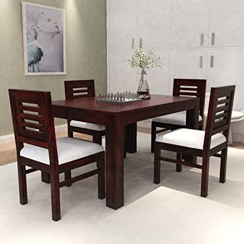 YUVIKAWOOD Solid Sheesham Wood Dining Table Set | Dining Table Set with Cushion Chairs for Dining Room (Mahogany Finish, 4 Seater)