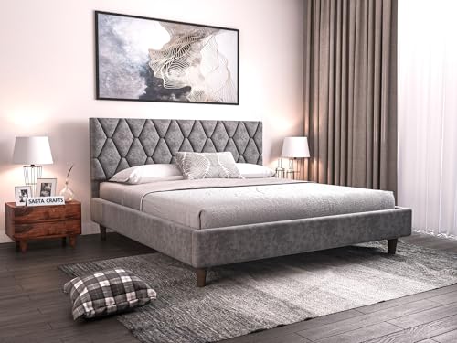 MAHALA Craft Modern Upholstered King Size Bed for Bedroom Wooden Double Bed Platform Cot Bed with Upholstery Premium Fabric 6.5 x 6 Ft Sheesham Solid Wood (Rosewood, Gray)