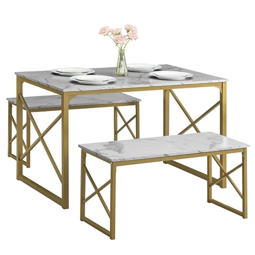 Urban Decor Kitchen Table with 2 Benches Wood Dining Room Dinette Sets with Metal Frame for Breakfast Nook and Small Space