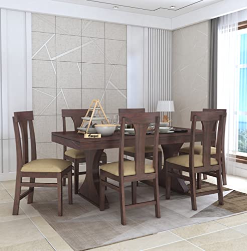 Ganpati Arts Solid Sheesham Wood Rectangle 6 Seater MR Dining Table with Cushioned Chairs for Home and Living Room Dining Room Sets (Walnut Finish) 1 Year Warranty