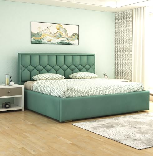 MODESTY WOODS Solid Wood Upholstered King Size Bed with Box Storage for Bedroom Living Room Wooden Double Bed Fabric Cot Palang Furniture (Green)