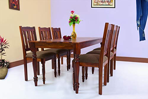 Furniseworld Sheesham Wood 6 Seater Dining Table with Cushion Chairs Wooden Dining Room Set Six Seater Dinner Table Furniture for Living Room Home and Restaurant (Maple Finish)