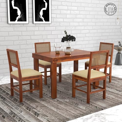 SHRI MINTU'S ART Wooden 4 Seater Dining Table Set | Four Seater Dinning Table with Cushioned Chairs for Home | Dining Room Furniture for Kitchen & Restaurants | Solid Wood Sheesham, Honey