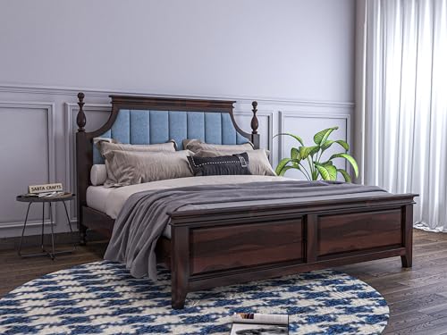 Sheeshamwallah Wooden King Size Bed without Storage | Low Height Cot with Blue Upholstered Cushion Headboard | Solid Wood Sheesham, Walnut Finish | Mattress Size: 78 X 72