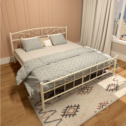 Homdec Antlia Metal Platform King Size Bed Frame with Headboard and Footboard, Heavy Duty Mattress Foundation – No Plywood Needed, Noise Free (78 x 72, Ivory)