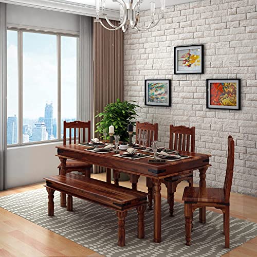 WOODLAB Sheesham Wood Dining Table Set with 4 Chair and 1 Bench Dining Room Furniture Wooden 6 Seater Dinner Table for Living Room Hotels Restaurants - Natural Finish