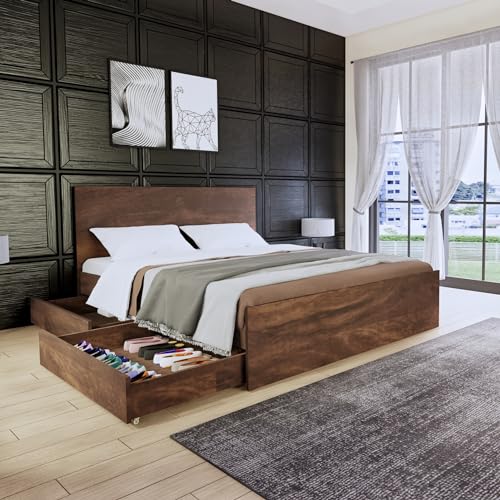 The Mint club Furnitures - King Size Engineered Wood Bed with Drawer - Walnut Finish - 72 * 78 INCHES