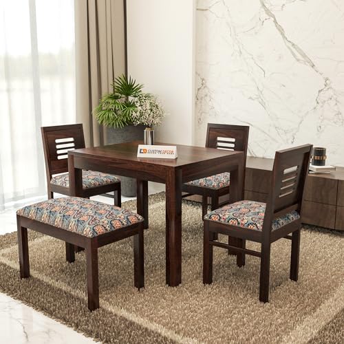 RECTART Solid Sheesham Wood 4 Seater Dining Table Set with Cushioned Chairs | 4 Seater Dining Table for Living Room | Dining Table 4 Seater (4 Seater with Bench, Walnut-II)