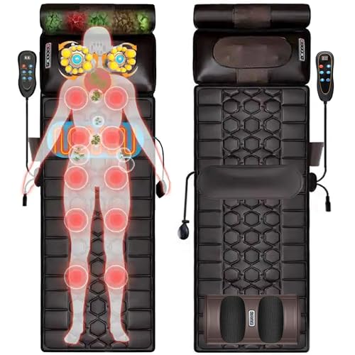 SELLERFLOR Leather Full Body Electric Massage Mat With Heat Pad,Full Body Massager Bed With Neck Massage Pillow,10 Vibrating Motors & 4 Heating Pads For Back Relie(160L X 50W X 15H Centimeters),Brown