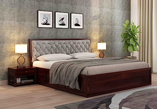 Budhakish Furniture Wooden King Size Bed with Box Storage | Sheesham Solid Wood Double Bed Cot Bed with Storage & Grey Upholstered Cushioned Headboard for Bedroom | 6.5 X 6 FT, Walnut Finish