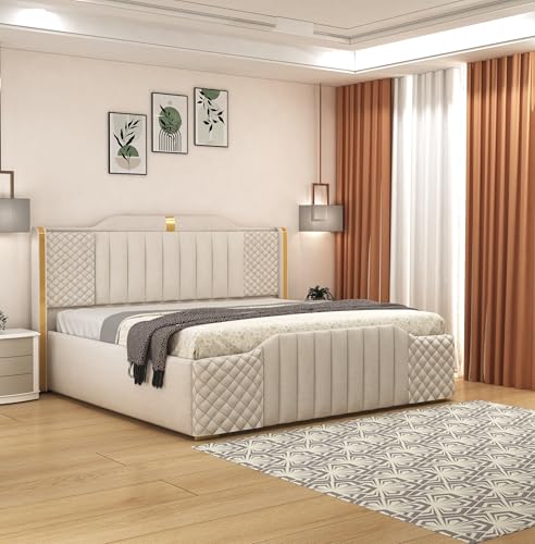 SABTA Modern Upholstered King Size Bed with Storage | Double Bed with Box Storage & Upholstery Premium Fabric Headboard | Platform Bed for Bedroom & Hotel | Sheesham Wood, White | 6.5 x 6 Ft