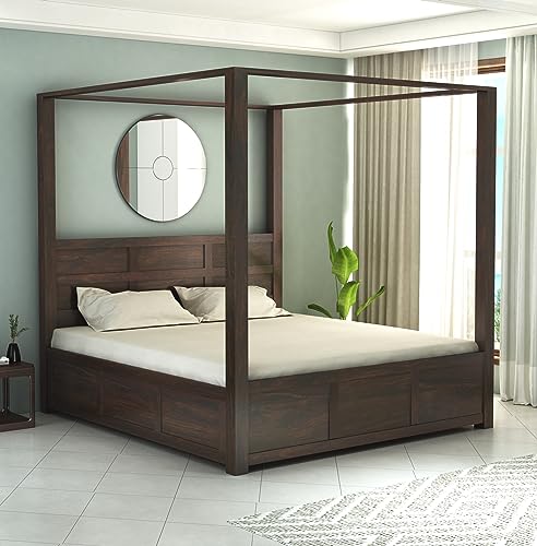STRATA FURNITURE Solid Sheesham Wood King Size Poster Bed with Storage Wooden Double Bed Furniture for Bedroom Living Room Home (Walnut Finish)