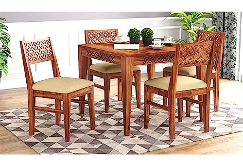 SM ARTS Solid Sheesham Wood Dining Table Set 4 Seater | Four Seater Dining Table 4 Seater with 4 Cushion Chairs for Living Room | Four Seater Dining Set for Hotel & Restaurant | Honey