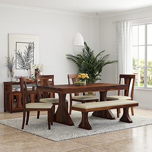 WOODSTAGE Sheesham Wood 6 Seater Dining Table with 4 Cushion Chairs & 1 Bench Wooden Furniture Six Seater Dinner Table Set for Living Room Home (Teak Finish)