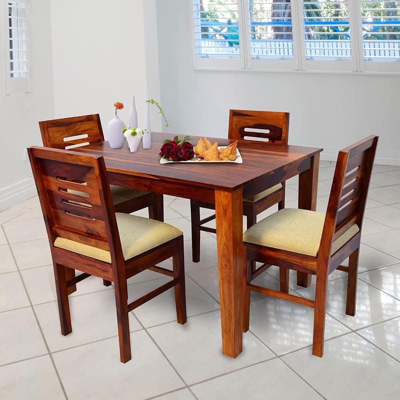AMGD HAND ARTS Solid Sheesham Wood Dining Table Set 4 Seater | Four Seater Dining Table 4 Seater with 4 Cushion Chairs for Living Room | 4 Seater Dining Set for Hotel Restaurant, Honey