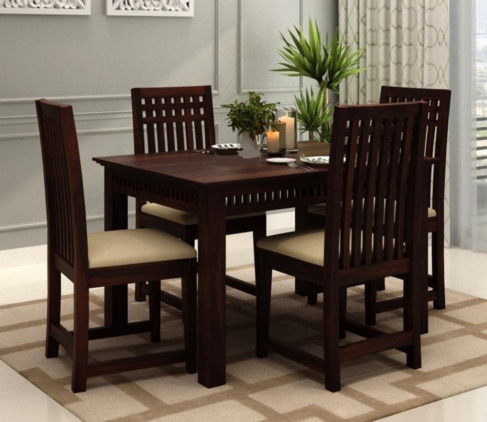 AADITYA WOODS Solid Sheesham Wood Four Seater Dining Table Set with 4 Chairs for Living Room Home Wooden 4 Seater Dining Table Set for Office Restaurant Modern Dining Room Set- Natural & Beige